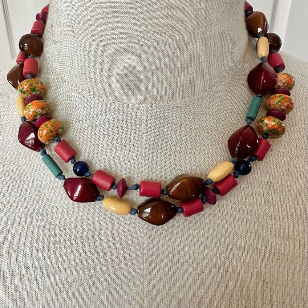 Red orange and blue long beaded necklace